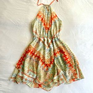 Bebe Aquamarine Orange Halter Top Tie Dress, Size XS